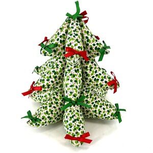 VTG 3D Stuffed Christmas Fabric Holiday Tree With Bows Hand Crafted 10" Tall